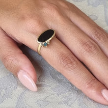 Load image into Gallery viewer, Black Onyx and Blue Diamond Ring in 14K Gold – Modern Statement Ring with Salt &amp; Pepper Diamonds