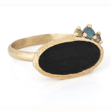 Load image into Gallery viewer, Black Onyx and Blue Diamond Ring in 14K Gold – Modern Statement Ring with Salt &amp; Pepper Diamonds