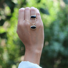 Load image into Gallery viewer, Black Onyx and Blue Diamond Ring in 14K Gold – Modern Statement Ring with Salt &amp; Pepper Diamonds