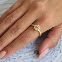 Load image into Gallery viewer, Unique 14K Gold Morganite Engagement Ring with Textured Bezel and Striped Band, Perfect for the Alt Bride.