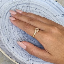 Load image into Gallery viewer, Unique 14K Gold Morganite Engagement Ring with Textured Bezel and Striped Band, Perfect for the Alt Bride.