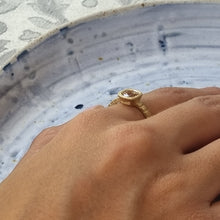 Load image into Gallery viewer, Unique 14K Gold Morganite Engagement Ring with Textured Bezel and Striped Band, Perfect for the Alt Bride.