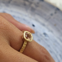 Load image into Gallery viewer, Unique 14K Gold Morganite Engagement Ring with Textured Bezel and Striped Band, Perfect for the Alt Bride.