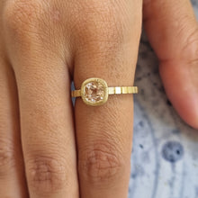 Load image into Gallery viewer, Unique 14K Gold Morganite Engagement Ring with Textured Bezel and Striped Band, Perfect for the Alt Bride.