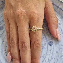 Load image into Gallery viewer, Unique 14K Gold Morganite Engagement Ring with Textured Bezel and Striped Band, Perfect for the Alt Bride.