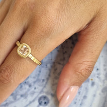 Load image into Gallery viewer, Unique 14K Gold Morganite Engagement Ring with Textured Bezel and Striped Band, Perfect for the Alt Bride.