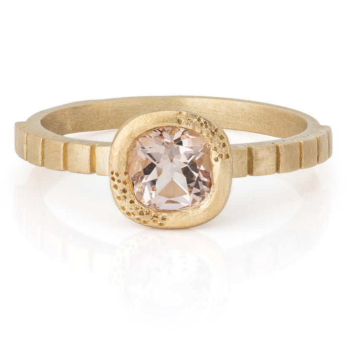 Unique 14K Gold Morganite Engagement Ring with Textured Bezel and Striped Band, Perfect for the Alt Bride.