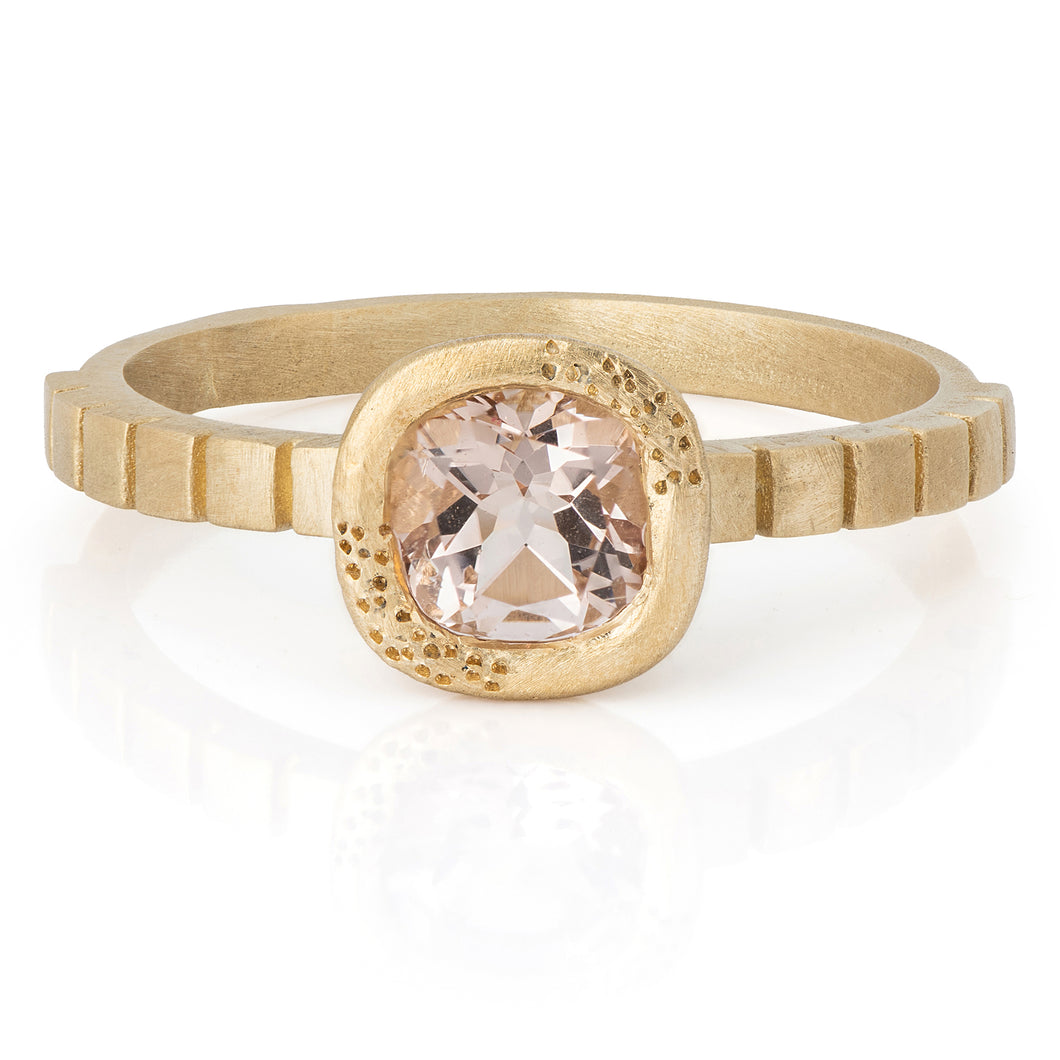Unique 14K Gold Morganite Engagement Ring with Textured Bezel and Striped Band, Perfect for the Alt Bride.
