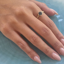 Load image into Gallery viewer, Unique 14K Gold London Blue Topaz Solitaire Ring with Textured Band, Alt Bride Engagement Ring.