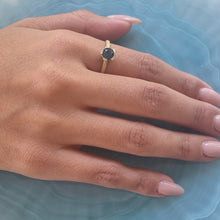 Load image into Gallery viewer, Unique 14K Gold London Blue Topaz Solitaire Ring with Textured Band, Alt Bride Engagement Ring.