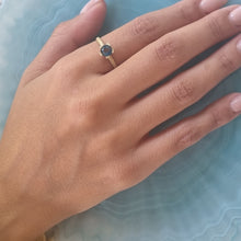 Load image into Gallery viewer, Unique 14K Gold London Blue Topaz Solitaire Ring with Textured Band, Alt Bride Engagement Ring.