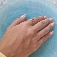 Load image into Gallery viewer, Unique 14K Gold London Blue Topaz Solitaire Ring with Textured Band, Alt Bride Engagement Ring.