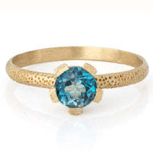 Load image into Gallery viewer, Unique 14K Gold London Blue Topaz Solitaire Ring with Textured Band, Alt Bride Engagement Ring.