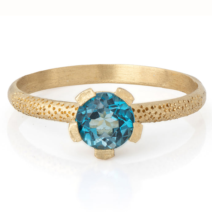 Unique 14K Gold London Blue Topaz Solitaire Ring with Textured Band, Alt Bride Engagement Ring.
