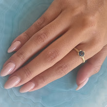 Load image into Gallery viewer, Unique 14K Gold London Blue Topaz Solitaire Ring with Textured Band, Alt Bride Engagement Ring.