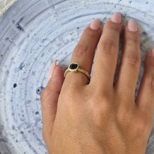 Load image into Gallery viewer, Unique 14K Gold Black Spinel Engagement Ring with Striped Band, Gothic Alt Bride Ring