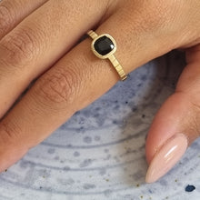 Load image into Gallery viewer, Unique 14K Gold Black Spinel Engagement Ring with Striped Band, Gothic Alt Bride Ring