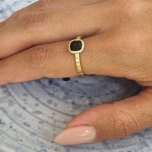 Load image into Gallery viewer, Unique 14K Gold Black Spinel Engagement Ring with Striped Band, Gothic Alt Bride Ring