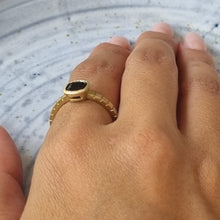 Load image into Gallery viewer, Unique 14K Gold Black Spinel Engagement Ring with Striped Band, Gothic Alt Bride Ring