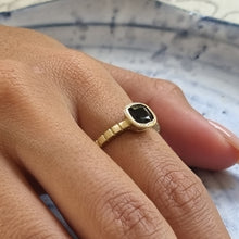 Load image into Gallery viewer, Unique 14K Gold Black Spinel Engagement Ring with Striped Band, Gothic Alt Bride Ring