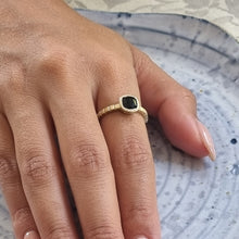 Load image into Gallery viewer, Unique 14K Gold Black Spinel Engagement Ring with Striped Band, Gothic Alt Bride Ring