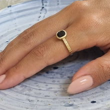 Load image into Gallery viewer, Unique 14K Gold Black Spinel Engagement Ring with Striped Band, Gothic Alt Bride Ring