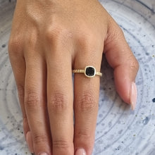 Load image into Gallery viewer, Unique 14K Gold Black Spinel Engagement Ring with Striped Band, Gothic Alt Bride Ring