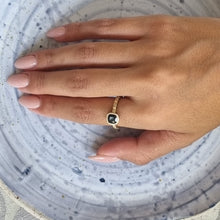 Load image into Gallery viewer, Unique 14K Gold Black Spinel Engagement Ring with Striped Band, Gothic Alt Bride Ring