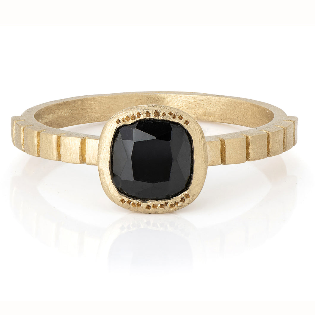 Unique 14K Gold Black Spinel Engagement Ring with Striped Band, Gothic Alt Bride Ring