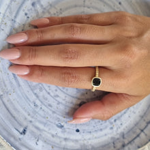 Load image into Gallery viewer, Unique 14K Gold Black Spinel Engagement Ring with Striped Band, Gothic Alt Bride Ring