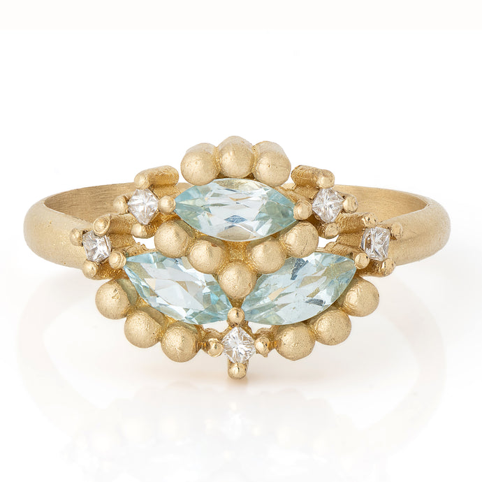 Unique 14K Gold Blue Topaz and Diamond  Cluster Ring Alt Bride Engagement Ring.