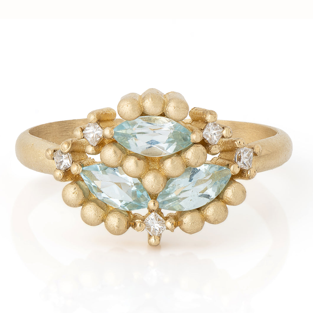 Unique 14K Gold Blue Topaz and Diamond  Cluster Ring Alt Bride Engagement Ring.