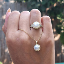 Load image into Gallery viewer, 14K Gold Cultured Pearl Necklace (8mm) with Sculptural Setting, Unique Alt Bride Jewelry