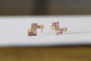 18k Gold Earrings set with Rectangle lilac Sapphire & Champagne diamond