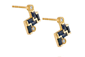 18k Gold Earrings set with Rectangle Blue sapphire & Champagne diamond