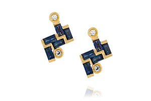 18k Gold Earrings set with Rectangle Blue sapphire & Champagne diamond