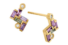 Load image into Gallery viewer, 18k Gold Earrings set with Rectangle lilac Sapphire &amp; Champagne diamond