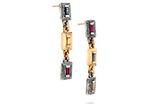 Load image into Gallery viewer, 18k Gold &amp; Silver Earrings Set with Rectangle Blue, Yellow Sapphire &amp; Ruby