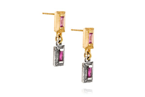 18k Gold & Silver Earrings Set with Rectangle Pink Sapphire & Ruby