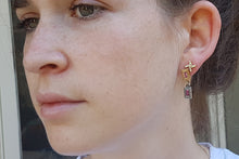 Load image into Gallery viewer, 18k Gold &amp; Silver Earrings Set with Rectangle Pink Sapphire &amp; Ruby