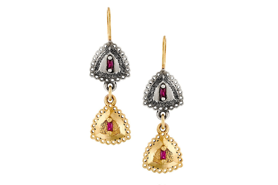 18k Gold  ,Silver Earrings set with Rectangle Ruby