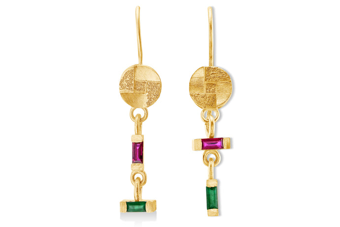 Hanging  Earrings baguette Ruby&Emerald