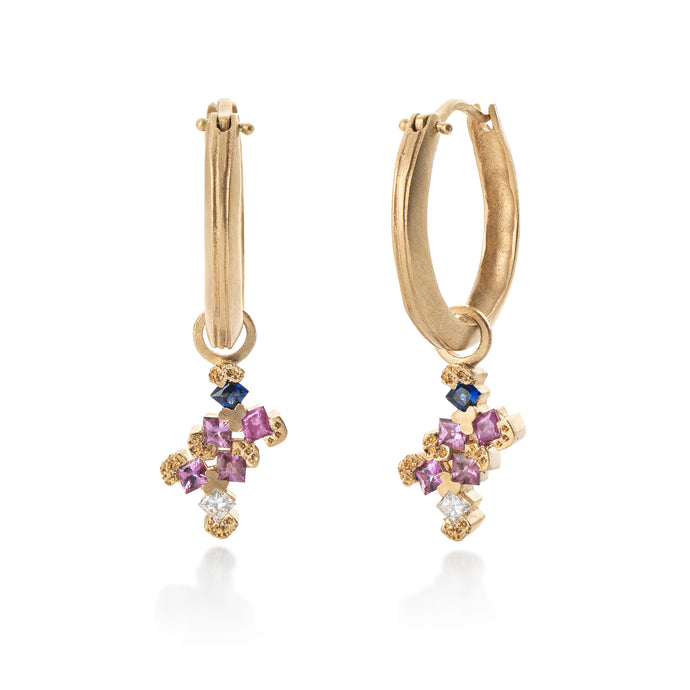 Hoop Earrings in Gold Set with Diamonds, Blue &Lilac Sapphires