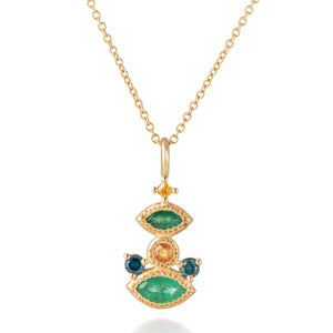 Gold Marquise necklace with green Emerald, Blue Diamond & Yellow Sapphire