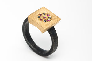 18k Gold Silver Ring with Ruby & Black Diamond