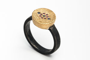 18k Gold Silver Ring with Sapphire Ruby & Black Diamond