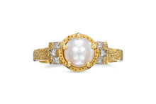 Load image into Gallery viewer, Pearl Engagement Ring with square Diamonds