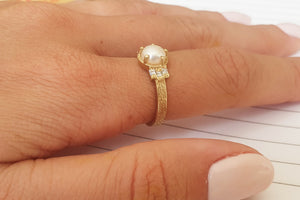 Pearl Engagement Ring with square Diamonds