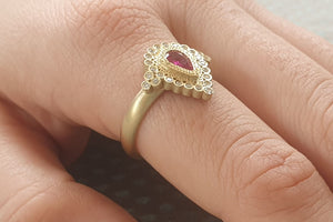 Ruby Engagement Ring, Art Deco Ring, Pear  Shape Diamond Ring