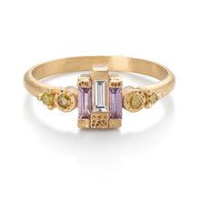 Load image into Gallery viewer, Bagguette Diamond &amp;Purple Sapphire Engagement Ring with small Yellow Diamonds in 18k